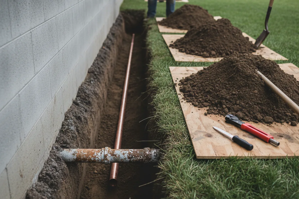 Excavated water line trench during Water Softener Installation in Borden